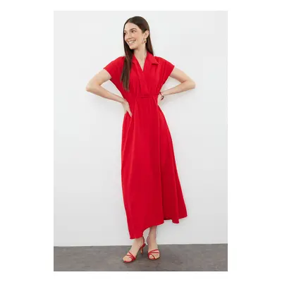 Trendyol Red Straight A-Cut Double Breasted Neck Aerobin Midi Woven Dress