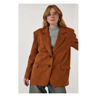 Happiness İstanbul Women's Tan Premium Suede Blazer Jacket