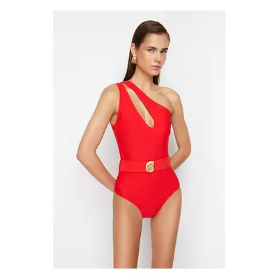 Trendyol Red Belted One Shoulder Regular Swimsuit with Premium Accessories