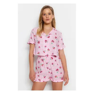 Trendyol Pink Floral Frilly Viscose Woven Pajamas Set