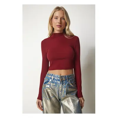 Happiness İstanbul Women's Claret Red High Collar Ribbed Camisole Crop Blouse