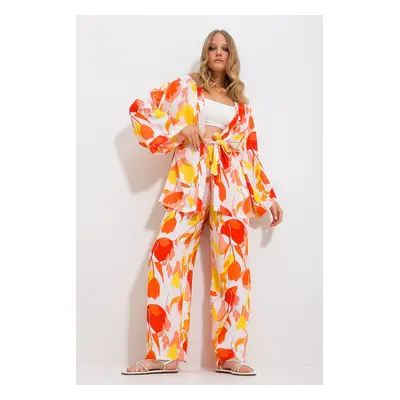 Trend Alaçatı Stili Women's Orange Kimono Jacket And Palazzo Pants Suit