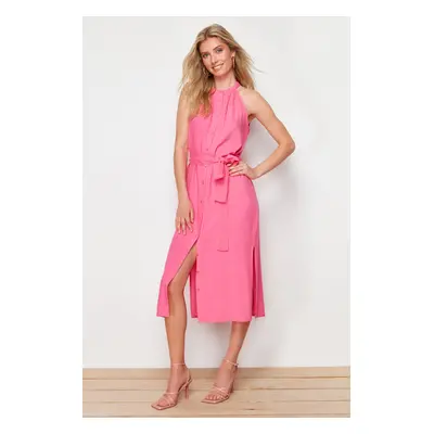 Trendyol Fuchsia Belted Prevailing Collar Midi Woven Shirt Dress