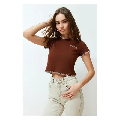 Trendyol Brown 100% Cotton Stitching Detailed Regular/Normal Pattern Crop Knitted T-Shirt