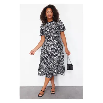 Trendyol Curve Black High Collar Animal Patterned Balloon Sleeve Long Woven Dress