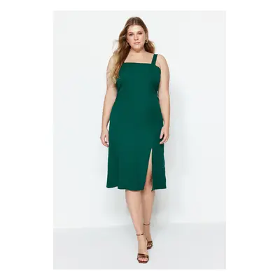 Trendyol Curve Emerald Green Square Neck Thick Strap Summer Woven Slit Midi/Mid Length Dress