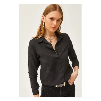 Olalook Women's Floral Black Jacquard Satin Detailed Woven Shirt