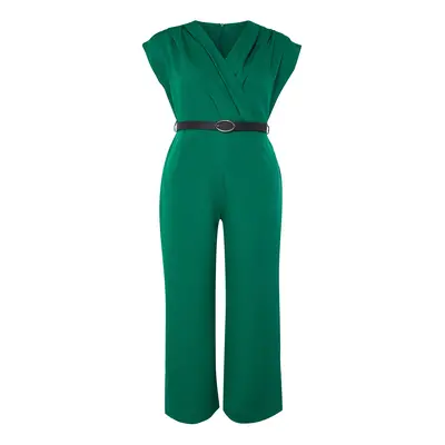 Trendyol Curve Emerald Green Belted Double Breasted Collar Plus Size Woven Jumpsuit