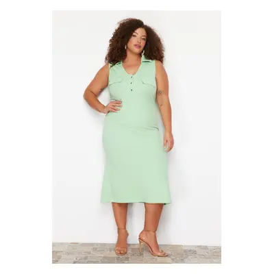 Trendyol Curve Green Polo Neck Buttoned Midi Knitted Dress