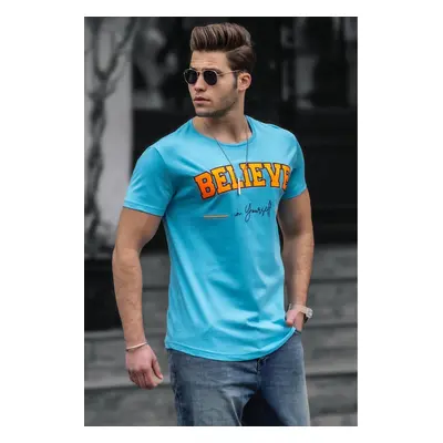 Madmext Blue Men's T-Shirt with Neon Embroidery Print