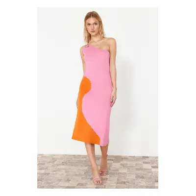 Trendyol Pink Color Block One Shoulder Knitwear Dress