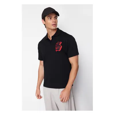 Trendyol Black Oversize/Wide Cut Letter Embroidered Polo Neck T-shirt