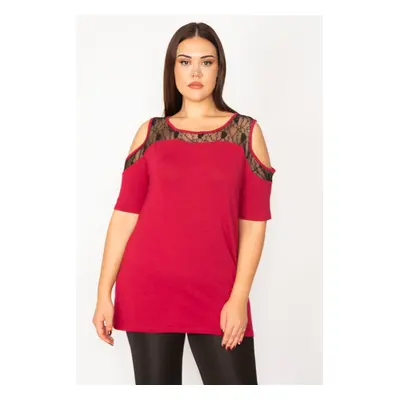 Şans Women's Plus Size Claret Red Blouse with Lace Detail