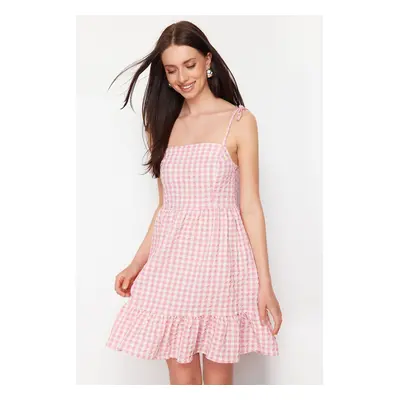 Trendyol Pink Checked Straight Cut Ruffle Mini Woven Dress