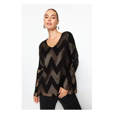 Trendyol Black Foil Printed V-Neck Knitwear Sweater