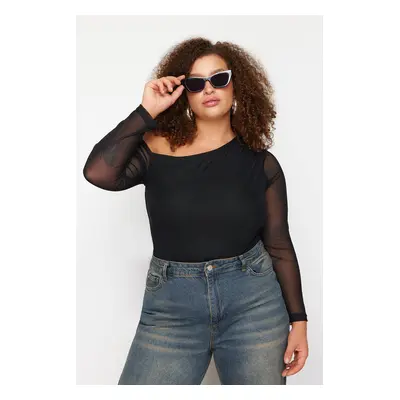 Trendyol Curve Black Tulle Lined Asymmetric Collar Knitted Blouse