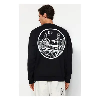 Trendyol Black Oversize/Wide Cut Back Printed Inside Polar Fleece/Warm Cotton Sweatshirt