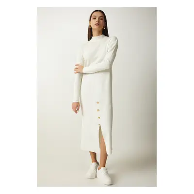 Happiness İstanbul Women's Ecru Button Detailed Ribbed Knitwear Dress