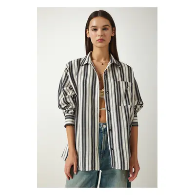 Happiness İstanbul Women's Cream Black Striped Oversize Knitted Shirt