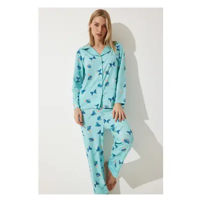 Happiness İstanbul Women's Aqua Green Patterned Shirt-Pants Knitted Pajama Set