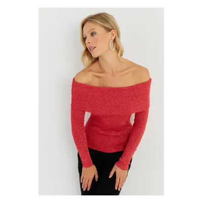 Cool & Sexy Women's Red Glitter Madonna Knitwear Blouse KZ531