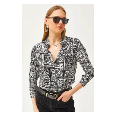 Olalook Women's Black Patch Patterned Woven Viscose Shirt