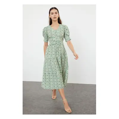 Trendyol Green Ethnic Midi Belted A-Line V-Neck Woven Dress