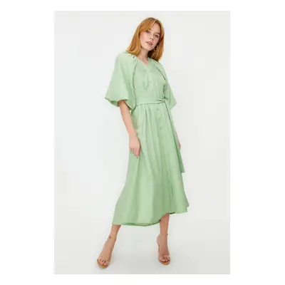 Trendyol Green Belted Half Balloon Sleeve Linen Look Woven Shirt Dress