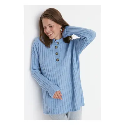 Trendyol Blue Collar Buttoned Ribbed Knitwear Sweater