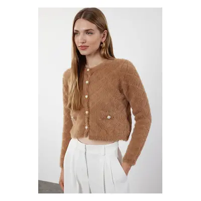 Trendyol Mink Crop Furry Jacket Look Knitwear Cardigan