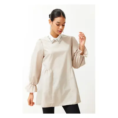 Trendyol Stone Pearl Collar Detailed Cotton Woven Tunic