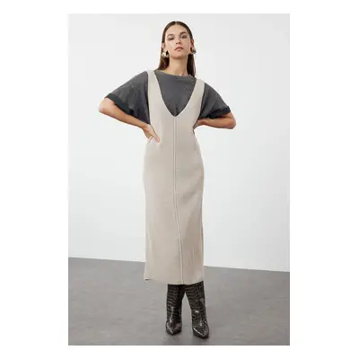 Trendyol Stone Maxi Knitwear V-Neck Gilet Dress