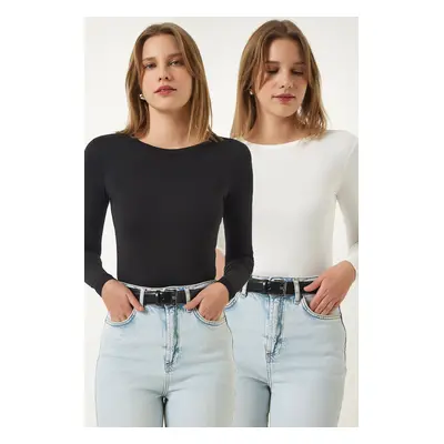 Happiness İstanbul Women's Black and White Crew Neck Wrap 2-Pack Basic Knitted Blouse