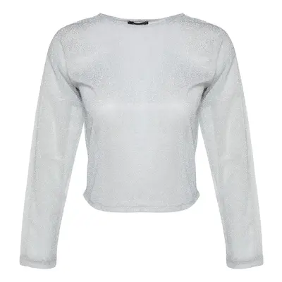 Trendyol Gray Lurex Crew Neck Regular/Normal Fit Transparent Tulle Knitted Blouse