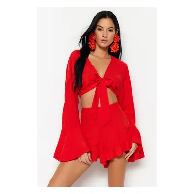 Trendyol Pomegranate Blossom Woven Ruffle Blouse Shorts Set