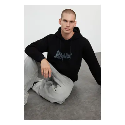 Trendyol Black Oversize/Wide Cut Text Printed Inside Fleece/Warm Hooded Sweatshirt