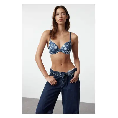 Trendyol Navy Blue Micro Floral Underwire Covered T-Shirt Bra Knitted Bra