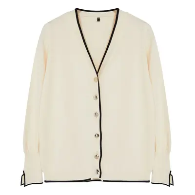 Trendyol Curve Cream Gold Button Detailed Striped Knitted Cardigan