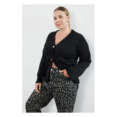 Trendyol Curve Black V-Neck Cutout Detailed Knitwear Cardigan