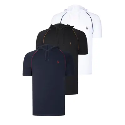 TRIPLE SET T8570 DEWBERRY HOODED MEN'S T-SHIRT-NAVY BLUE-WHITE-BLACK