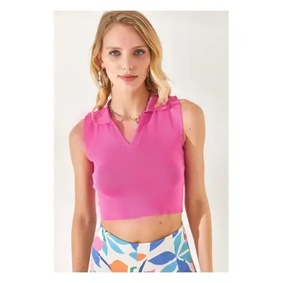 Olalook Women Fuchsia Polo Neck, Sleeveless Crop, Knitwear Blouse