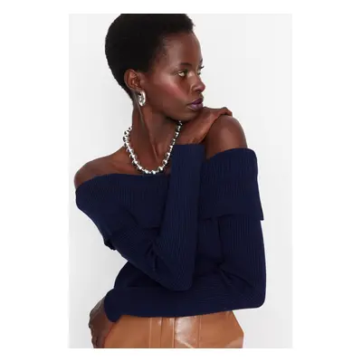 Trendyol Navy Super Crop Carmen Collar Knitwear Sweater