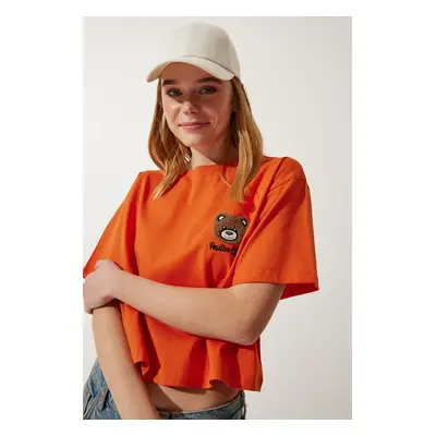 Happiness İstanbul Women's Orange Teddy Bear Crest Crop Knitted T-Shirt