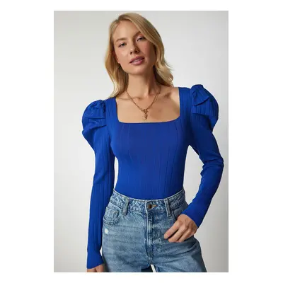 Happiness İstanbul Women's Blue Square Neck Ribbed Knitwear Blouse