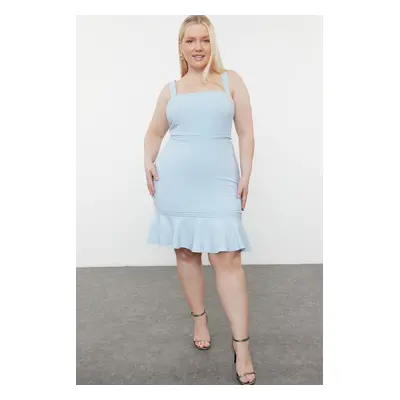 Trendyol Curve Blue A-Cut Rib Detailed Skirt Flounced Strap Woven Mini Plus Size Dress