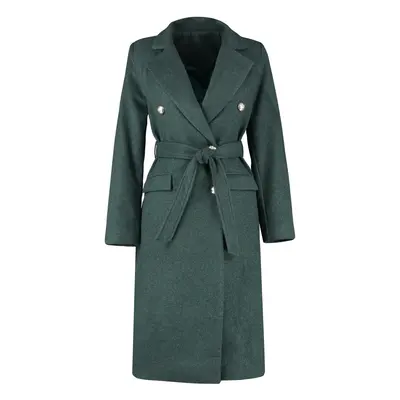 Trendyol Khaki Fitted Belted Gold Buttoned Long Wool Cashmere Coat