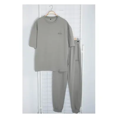 Trendyol Gray Oversize/Wide Cut Printed T-Shirt Tracksuit Bottom-Top Set