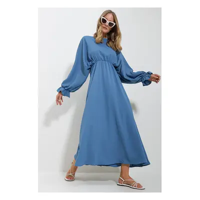 Trend Alaçatı Stili Women's Indigo Crew Neck Balloon Sleeve Aerobin Fabric Maxi Dress