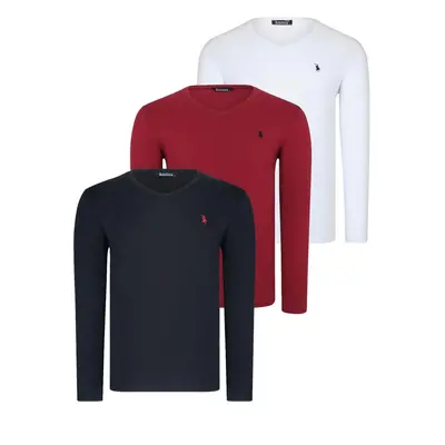 TRIPLE SET T8587 DEWBERRY V-NECK MEN'S SWEATSHIRT-BLACK-WHITE-BURGUNDY