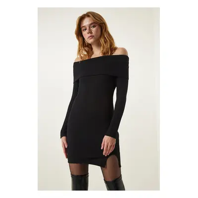 Happiness İstanbul Black Madonna Collar Ribbed Knitted Dress